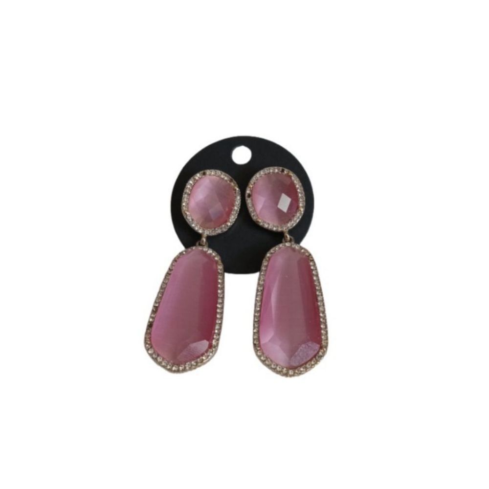 Gold Toned Metal Rhinestone Encrusted Dangle Style Pink Gem Statement Earrings